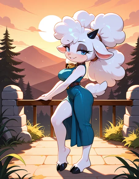 masterpiece, best quality, very aesthetic, absurdres,
outdoors,
posing, 
full body, seductive smile, parted lips, long eyelashes,
<lora:Lanolin_v01_NAIXL:1>
Lan0l1n,1girl,solo,furry,furry female,sheep girl,white hair,long hair,sheep ears,black horns,blue eyes,eyeshadow,animal nose,neck bell,body fur,white fur,sheep tail,hooves,