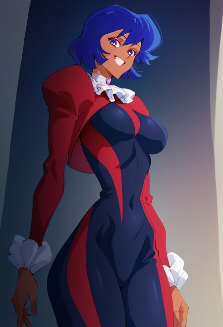 score_9, score_8_up, score_7_up, score_6_up, 2d, cartoon, 1girl, solo, cowboy shot, perfect face, perfect eyes, 1girl, Misty Honey, tanned skin, blue hair, short hair, purple eyes, smile, thin waist, slim waist, standing, looking down at viewer, (((medium breasts))), ((medium ass)), jewelry, red jacket, skintight bodysuit, multicolored bodysuit, red and blue bodysuit, upper body focus, bedroom