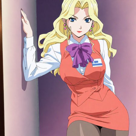masterpiece,high score,great score,absurdres,solo,anime coloring,looking at viewer,cowboy_shot,<lora:AliceNonoyama hassakuill30:1> alicenonoyama, blonde hair, long hair, blue eyes, lipstick, earrings,vest,shirt,bow,skirt,pantyhose,