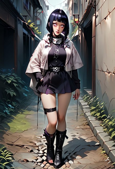 (score_9, score_8_up, score_7_up, choker, black collar, shock collar, Marked Tattoo, Tattoo, Eevee ears, Eevee tail, pet, pet play, bdsm, Light skin, Neko, Eevee eyes, Fox Ears, Fox Tail, Expressiveh, 25 years old, solo focus,
1girl, hyuuga hinata, purple eyes, white eyes, blunt bangs, black hair, hime cut,
hooded jacket, fishnets, headband around neck, pants, hood, forehead protector, konohagakure symbol, boots, black footwear,
thighhighs, shorts, thigh strap, bandages, toeless footwear,
outdoors, standing, street, night, dominant, confident, bar, backstreets, moonlight, moonlit, dark, HDA_pet_play, w4rh4mm3r style oil painting, grimdark, warhammer 40000, inquisitor, servo skull, open clothes, open jacket, hive city, Skirt, Thigh high boots, belt