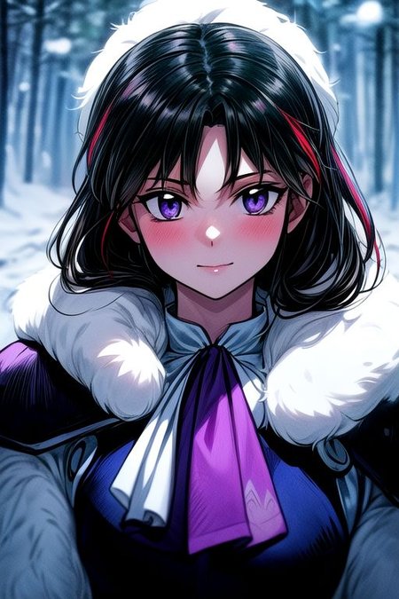 1girl Setsun4 solo long hair,  black hair very long hair purple eyes multicolored hair armor (fur trim) (medium body),<lora:EMS-179-EMS:0.800000>,<lora:EMS-293862-EMS:0.800000> bow, hair_bow, hair_tubes, red_bow, brown_hair, long_hair, bangs, ascot, frilled_bow, yellow_ascot, blush, smile, hair_between_eyes, athletic, (masterpiece:1.1), (best quality:1.1), 1girl, Real light and shadow, anime face, 4k, 8k, wallpaper,epic, detail texture, black hair, (blue eyes:1.5), ((((black hair:1.35, medium hair)))),intricate eyes,beautiful detailed eyes,symmetrical eyes,big eyes:1.5,(((lustrous skin:1.5,bright skin: 1.5,skin tanned,shiny skin,very shiny skin,shiny body,plastic glitter skin,exaggerated shiny skin,illuminated skin))),(detailed body,(detailed face)), cute, erotic,daring, (((medieval man armor,adventurer man armor,winter coat))),(((intricate outfit,intricate clothes, ushanka, embroidered outfit,ornate outfit,embroidered clothes,ornate armor))), (dynamic pose:1.0),happy,smile,(centered,scale to fit dimensions,Rule of thirds), ((snowy pine forest at night)), with dark stormy clouds,winter,scenery:1.25,((snow forest background)),Christmas tree, highres,sharp focus,(ultra detailed,extremely detailed),(photorealistic artwork:1.37),(extremely detailed CG unity 8k wallpaper),(((vibrant colors,vibrant theme))),(intricate),(masterpiece),(best quality),