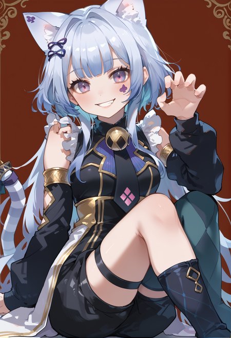 (score_9:0.9),score_8_up,score_7_up,rating_safe,anime_style,(zPDXL),(zPDXL3),((solo)),<lora:MALICE Pawn Cheshire Cat ponyXL v1.31:0.75>,mâlice pawn cheshire cat,1girl,solo,claw pose,cat ears,smile,looking at viewer,detached sleeves,black shorts,neck bell,asymmetrical legwear,argyle,sitting,facial mark,thigh strap,cat girl,black dress,