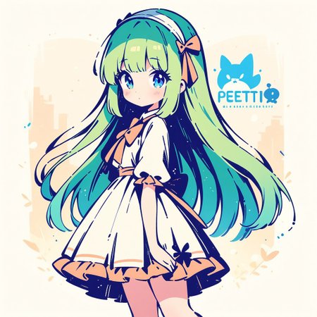 masterpiece, best quality, very aesthetic, absurdres,  solo, 1girl, very long hair, green hair, petit, blue eyes, frilled skirt, (simple retro design, logo, manga style, 2tone),