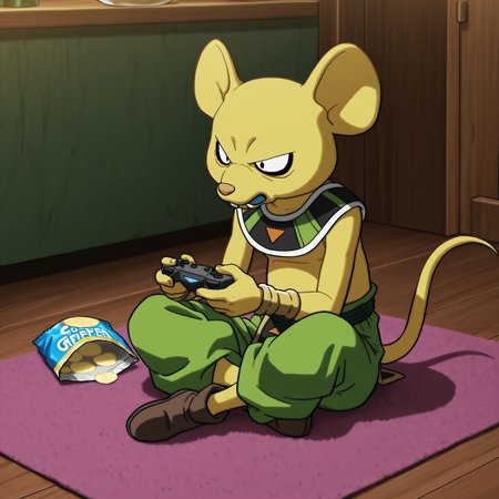 2d, solo, 2d, 1boy, solo, Quitela, male, furry, furry male, mouse, animal ears, yellow fur, yellow tail, yellow body, yellow nose, tooth, black eyes, golden bracelets, black fingernails, green baggy pants, dark green sash belt, brown shoes, Egyptian clothing, 

BREAK sitting on pink circular rug, hunched over, holding game controller, legs crossed, chips, indoors, gaming

BREAK best quality, amazing quality, very aesthetic, absurdres, newest