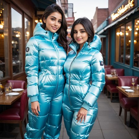 (full body shot)  two pakistani 25 year old women (Cinematic Shot:1.3) (skinny, slim, abs, big boobs:1.3) ((Photo Focus, DOF, Aperture, insanely detailed and intricate, character, hypermaximalist, hyper realistic, super detailed, (lens flare))) light blue  Street art motifs  (Wearing a puffer_downsuit satin dress downsuit:1.3) (at a romantic restaurant:1.3) (smile:1.3) 
<lora:puffer_downsuit_v1:0.6>