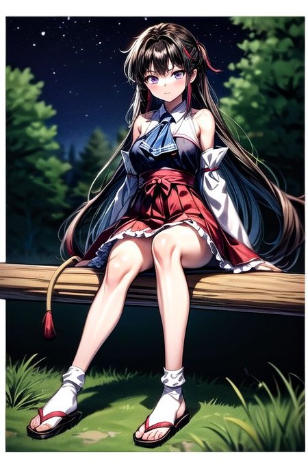 masterpiece,  best quality 1girl Setsun4 solo long hair,  (night time) forest background black hair very long hair purple eyes multicolored hair armor (fur trim) (medium body),<lora:EMS-179-EMS:0.800000>,<lora:EMS-293862-EMS:0.800000>ascot, bare shoulders, black footwear, detached sleeves, embellished costume, frills, japanese clothes, nontraditional miko, red skirt, sandals, sarashi, skirt, socks, armor, miko