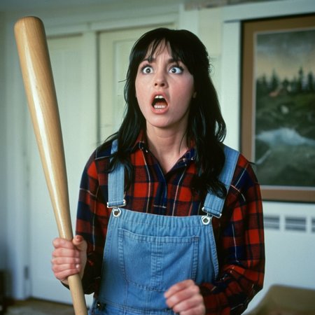 UHD, 4k, ultra detailed, cinematic, a photograph of  <lora:perfection style:0.5> <lora:detailed:0.5> perfection detailed
 <lora:The Shining film style:0.9>
 <lora:1980's style:0.4>
Wendy In the 1980's in the Colorado Rocky Mountains a scared worried wet hair woman holding a baseball bat in a room,1girl,solo,open mouth,shirt,black hair,long sleeves,holding,food,indoors,blurry,plaid,blurry background,turtleneck,realistic,overalls,plaid shirt,baseball bat , cinematic, film, kodak, The Shining film style, epic, beautiful lighting, inpsiring