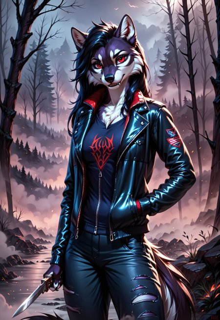 score_9, score_8_up, score_7_up, score_6_up, photorealistic, epiCPhotoGasm-colorfulPhoto, Realistic, highres, super high resolution, 8k, photo,  furry, Furry, anthro, fur,  female, furry, A brutal wolf, a wolf, in a black torn jacket, with a knife in his hand, long black hair, an evil face, in a half-crouch, red eyes, black loose pants, black forest, fog, fog, fog, nothing visible, dark, very detailed, detailed fur, realistic,  realistic, detailed, detailed fur, furry, anthro