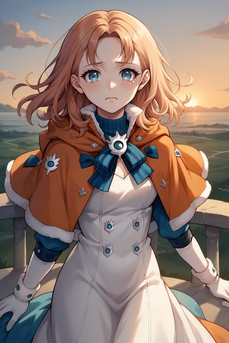 score_9, score_8_up, score_7_up, score_6_up, source_anime, BREAK 1girl, <lora:annette-pdxl-nvwls-v1-000005:1> warAnne, long hair, wavy hair, orange capelet, fur trim, blue ribbon, white dress, long dress, white gloves, sunset, cliffs, looking at you, wind, tears in eyes