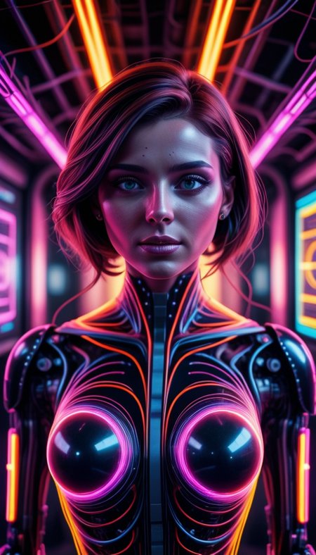 colorful chaos, vivid colors, striking visual design, <lora:add_detail:0.75>, <lora:sharpen-soften:-0.2>, <lora:stylesqueeze_v2:0.25>, <lora:realistic:0.25>,
1 girl, adult  woman, stunning, hazel eyes, auburn half-up half-down hairstyle, portrait, solo, upper body, looking at viewer, detailed background, detailed face, (<lora:1970RetroFuturism:0.6>, 1970retrofuturism, 1970s theme:1.1), android, cyborg, mechanical limbs, mechanical eyes, wires,  advanced technology, dynamic pose, emotionless,  artificial intellgience, steel, digital implants, nanobots, electronics, gadgets, powered by electricity, holograms, particle effects, bright  lights, neon colors, cables in background, cinematic atmosphere, <lora:isobug:0.75> <lora:speedy1p5:1.15>