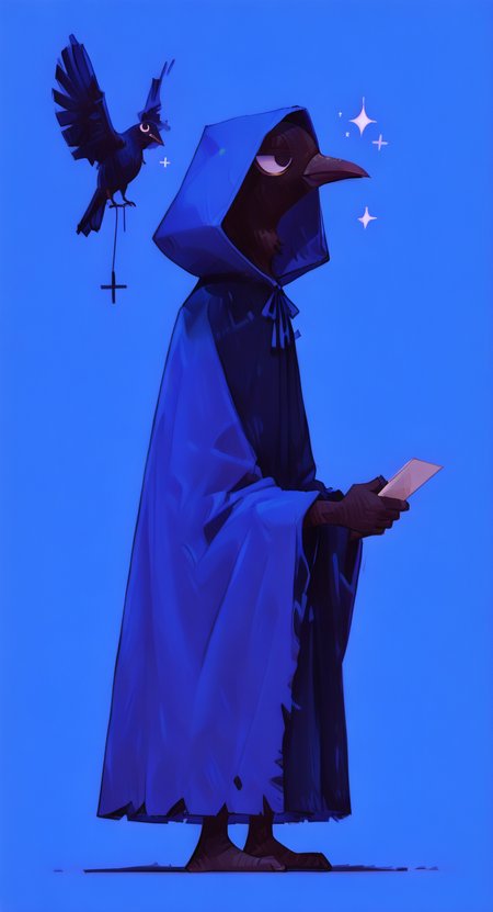 masterpiece, best quality, good quality, very awa, newest, highres, absurdres, solo, simple background, holding, standing, full body, hood, black eyes, from side, sparkle, no humans, blue background, bird, 1other, cloak, hood up, purple background, animal focus, hooded cloak, black cloak, crow, beak, black feathers, blue cloak, hooded robe, animal head, haiz_ai, 0huton_illu,
drawing_style, <lora:illustriousXL_stabilizer_v1.23:0.3> <lora:NOOB_vp1_detailer_by_volnovik_v1:0.3> <lora:ponyv6_noobE11_2_adamW-000017:0.3> <lora:drawing_style_illustriousXL:0.39999999999999997> <lora:96YOTTEA-WAI:1> <lora:0hu_ton:0.85> <lora:haiz_ai_illu:1> <lora:namukijpg_ill:0.85>