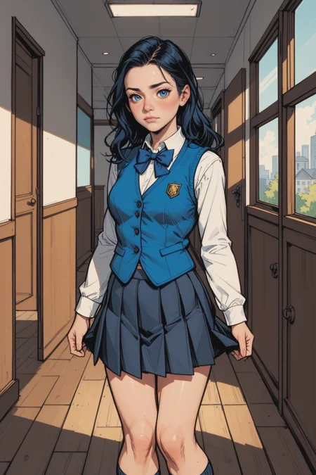1girl, blue eyes, solo, black hair, indoors, long hair, blush, skirt, looking at viewer, vest, shirt, hallway, white shirt, bow, long sleeves, closed mouth, blue bow, wooden floor, black skirt, collared shirt, window, blue vest, pleated skirt, school uniform, bowtie, grey skirt, a_Comic_Illustration, rough lines with ink, (drawn:1.1), (sketch:1.5), (crosshatching:1.25), (comic style:1.1), graphic novel style, sharp lines, hires, zstyle, (western comics \(style\):1.1), (hatching \(texture\):1.2), zPDXL, Mr_Monster_Possitive, <lora:Expressive_H:0.5>, score_9, score_8_up, score_8_up,