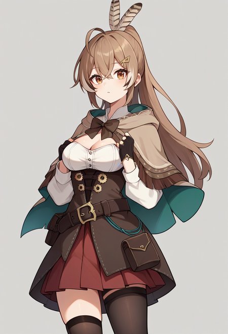 score_9,score_8_up,score_7_up,score_6_up,score_5_up,score_4_up,
1girl, nanashi mumei, long hair, ponytail, feather hair ornament, hairclip, ahoge, brown hooded capelet, brown bowtie, two-sided cape, high-collared white shirt, cleavage cutout, sleeves past elbows, brown corset, belt, red skirt, pleated skirt, single thighhigh, partially fingerless gloves, pouch, sheath,
simple background, grey background, solo, looking at viewer, standing, 
<lora:mumeiponyxl1:1>