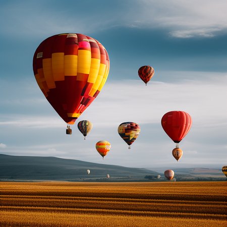 hot air balloons, golden grain hills, photohelper, sharp focus, depth of field, texture, wide angle, clouds, bokeh
