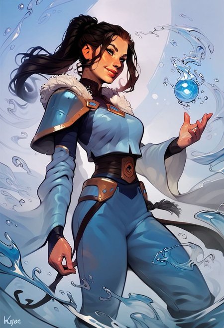 score_9, score_8_up, score_8, score_7_up, score_7, score_6_up, score_6, score_5_up, Score_5, rating_questionable, sexy girl, beautiful face, black hair ,  ponytail hairstyle, soft smile , pretty , calm , water mage , powerful water mage , wearing blue water armor, magic , standing in water , intricate details , fantasy , water balls floating in air , water dragon