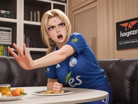 score_9, score_8_up, score_7_up,  <lora:rcstrasbourg_xl:1>Tsunade,rcstrasbourg,rcstrasbourg_logo,és,electricite_strasbourg logo,adidas,sit on sofa,  blue shirt, blue pants,soccer uniform <lora:RC_Strasbourg_Alsace_-_football:1>, masterpiece,  upper body, watching TV, angry,,indoors, more details, highres, very detailed background, short sleeves, (running),upper body, detailed background, beer on table, from anime, BREAK,shouting