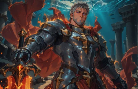 <lora:underwater_Temple_of_P0s31d0n-i:1>, underwater Temple of P0s31d0n
<lora:face_Cadanova_Alchemist_Code_repair-000003:.8>, (tagatamecadanova, 1boy, short hair, grey hair, purple eyes, solo, male focus, mature male, muscle body, bara, armor, cape, greadsword, holding sword,)
(very short hair, beard, bara, mature, facial hair, stubble, beard, full beard, sideburn, beard, a lot of beard, ), facial hair,male focus, muscular male, muscular male, bara, mature,  bara, mature, aixiwuganda_(20222192), very awa, masterpiece, best quality, absurdres, newest, perfect quality, detailed background, intricate details,
<lora:slider_Body Type_alpha1.0_rank4_noxattn_last:3><lora:Anime Summer Days 2 Style SDXL_LoRA_Pony Diffusion V6 XL:.6><lora:slider_cfg_scale_boost:.7><lora:Artist6p:.55>, Artist6p, Artist04p,<lora:slider_il_brightness_slider_d1:-1><lora:slider_il_contrast_slider_d1:-1><lora:slider_DarkSlider1.2_alpha1.0_rank16_full_300steps:-.6>