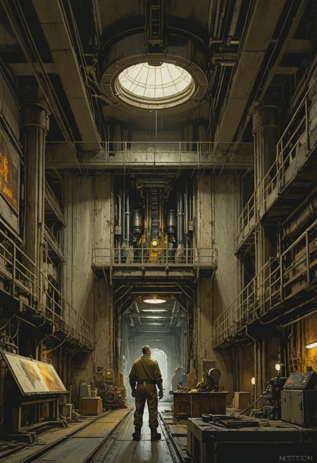 fortress, industrial, machine-filled, 1 man 1 narrator, inspecting, side by side, no expression, dark, omniscient, looking, careful, discreet, intricate, detailed 4K, trending on artstation, volumetric lighting â frank Stephenson, Norman Rockwell, center spotlight, bright, ((Beautiful, brush strokes, digital art, extremely detailed digital illustration, cinematic, vast, epic, incredible perspective, breathtaking, awe-inspiring, intricate design, meticulous detail, concept art))