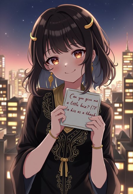 intricate details, finely detailed, <lora:Add Detail:0.4>, (masterpiece), best quality, high resolution, highly detailed, detailed background, thin, small size, ((curved)), (ray of lights), colorful backgrounds, (close up),  night, beautiful black dress with intricate details, crescent ornament hair, gold earrings, gold necklace, upper body, city with intricate details, smile, holding a sign that says "Can you give me a little buzz? I'll give you a kiss as a thank you!"