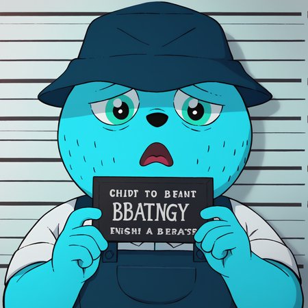 score_9, score_8_up,  <lora:celestin-v5-14:1> uwcelestinfag, blue bear, 1boy, solo, blue overalls, white shirt, green hat,  <lora:Concept_Meme_Barbie_Mugshot:0.3> Barbie mugshot, holding, nameplate, holding sign, letterboxed, looking at viewer, mugshot, open mouth, upper body, english text