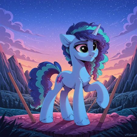 resolution, masterpiece, high resolution, (SOLO: 1.2) my little pony, friendship is magic, wild, detailed background(, detailed background:1.3),( detailed details:1.1)
Misty Brightdawn, blue body unicorn,( eyes green:1.1) ,,solo plain background, , solo,, mountains, landscape, sky, double oar, one hoof on a stone   <lora:Misty111:1> Misty Brightdawn<lora:RGT:1>