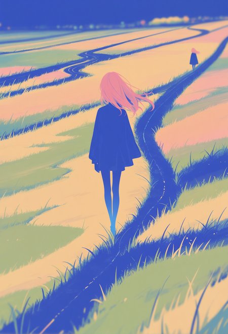 masterpiece, best quality, newest, highres, absurdres,focused subject,no lineart, no outline, detailed, 1girl, long hair, pink hair, grass, walking, blue skin, road, field, colorful, surreal, path, monochrome, negative space,blending), minimalism,three quarter view,depth of field,scenery