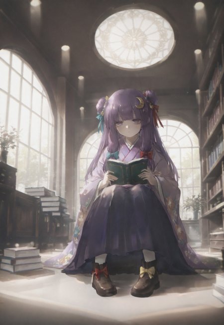 volumetric lighting, ambient occlusion, luminescent background, masterpiece, very awa,library,indoors, a girl sitting and holding a book, beam of light, light through window
BREAK
 patchouli knowledge, 1girl, solo, purple eyes, purple hair, long hair, sidelocks,, patchouli knowledge \(great library at the hieda residence\), alternate costume, no headwear, hair bun, double bun, hair ornament, blue bow, yellow bow, red bow, aqua bow, crescent hair ornament, purple kimono, floral print, long sleeves, wide sleeves, yellow obiage, purple obi, hakama skirt, footwear bow, brown boots, holding book,