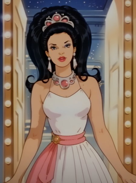 score_9, score_8_up, score_8, hud_barbir0ck, retro artstyle,  <lora:barbirock-000009:1>, 1girl, solo, long black hair, dress, tiara, blue eyes, jewelry, earrings, makeup, lipstick