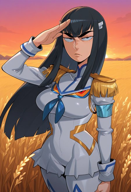 j0j0, masterpiece, best quality, solo,  kiryuuin satsuki, large eyebrows, military uniform, salute, sunset,  wheat field,