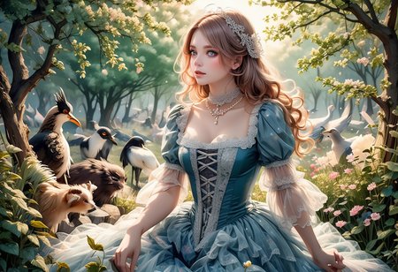 (long shot , birdâs eye view) of a young woman, Medium build, medium hazel side-swept hair 18th century harlot wearing a blue lace-trimmed dress, fishnet stockings, embroidered heels, pearl necklace, kohl-lined eyes beauty mark subtle blush, lace choker satin ribbon, talking to animals, detailed face, located in a magical scene at a enchanted meadow during noon with magical aurora weather, illuminated by sunlight, creating a heroic enchanting atmosphere, ,Masterpiece,best quality, photo, realistic, very aesthetic