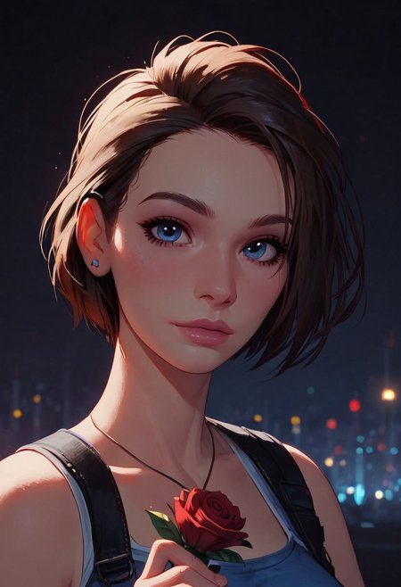 score_9,score_8_up,score_7_up,score_6_up,score_5_up, masterpiece, best_quality, ultra-detailed, masterpiece,  1girl, 21 years old, beautiful face, cute face, blue eyes,  (city park background, night) solo focus, looking at viewer, evening background, (Jill Valentine), (holding rose)