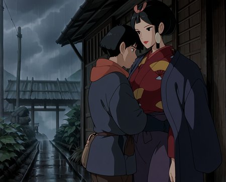 masterpiece,best quality,amazing quality,very aesthetic,absurdres,newest, huge filesize,
<lora:spo_sdxl_10ep_4k-data_lora_webui:0.5>,anime coloring,
<lora:add-detail-xl:1>
1girl, 1boy, hetero, cuddling, 
BREAK
eboshi,mature female,black hair,black eyes,lipstick,
kimono,cowboy shot,rain,standing,outdoors,
,<lora:Eboshi_Gozen-Mononoke_Hime_ix:0.8>
BREAK
ashitaka(mononoke hime), 1boy,