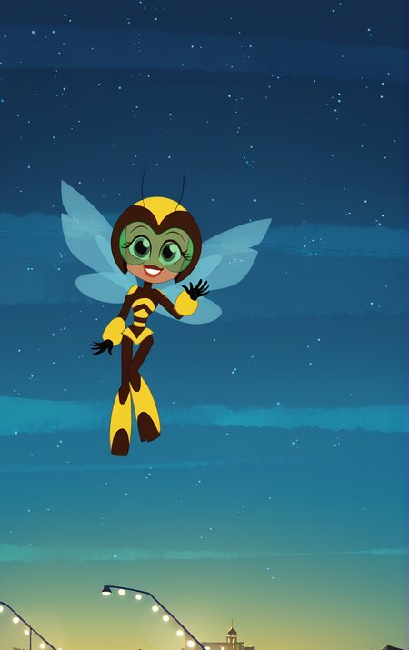 ((score_9)), score_8_up, ((high quality)), ((masterpiece)) BREAK
  DCSG Style, Karen B, Bumblebee, wings, waving, flying, bodysuit, antennae, looking at viewer, smiling, good anatomy, five fingered hands, night sky<lora:DC_Superhero_Girls_2019:0.8>,<lora:pony_good_hands:0.8>