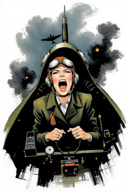 regr1 illustration.  A female pilot screaming inside the cockpit of a WWII bomber. The pilot, wearing a vintage leather flight helmet with goggles and a bomber jacket, grips the controls with white-knuckled hands. Her face is contorted in a mix of fear and determination as she yells, her eyes wide with adrenaline. The cockpit is cramped and filled with old-fashioned dials and gauges, with the outside view showing dark stormy clouds and distant anti-aircraft fire. background is stark white <lora:regr3_shoujo_nocap_d6a3:1.0><lora:808054279769218632:0>