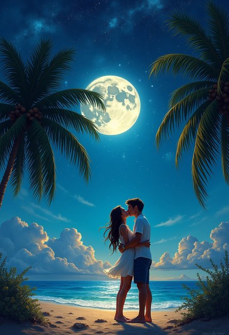 Amidst the lunar-lit beach with palm trees, a young couple's tender moment unfolds beneath the star-studded night sky. Van Gogh-esque brushstrokes and Burton-esque whimsy merge in this concept art piece. The dynamic angle captures the couple's intimate connection as they gaze up at the celestial canvas. Soft focus highlights the intricate details of the stained glass artwork, while natural lighting casts a warm glow on the couple's skin. In the foreground, palm fronds sway gently, creating depth and texture. As the stars twinkle above, this moonlit scene comes alive with vibrant colors and delicate shading.
