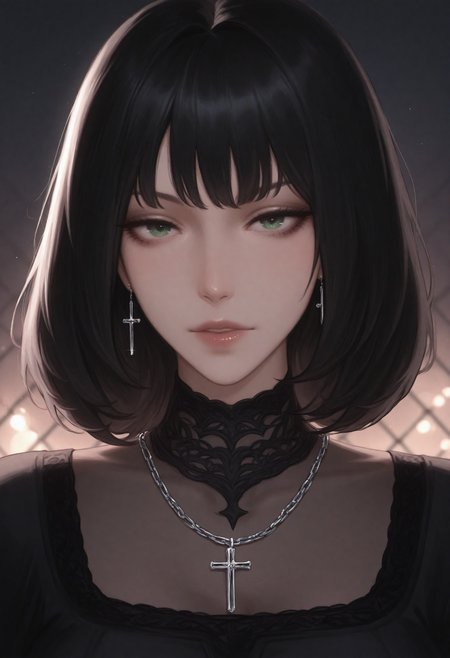 mature woman, 1girl, jewelry, solo, chain-link fence, earrings, looking at viewer, fence, black hair, bangs, medium hair, blunt bangs, portrait, gothic, cross, full parted lips, closed mouth, cross earrings, chain, green hazel eyes, piercings, necklace, partially illuminated, subsurface scattering, light particles, cutscene, depth of field, blurry background, masterpiece, best_quality, amazing_quality, ultra-detailed, high_quality, very_aesthetic, highres, incredibly_absurdres, newest, latest, btybr2, <lora:48489dbb-0d32-41b3-8de7-737dabbde3ed:0.9>
