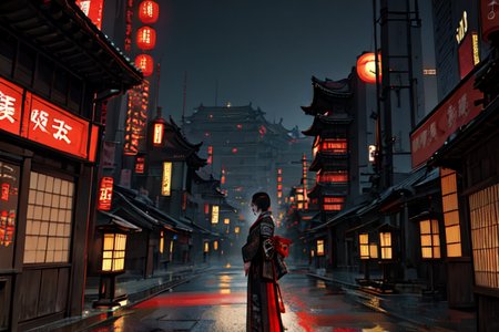 highly insanely detailed, masterpiece, top quality, best quality, highres, 4k, 8k, RAW photo, (very aesthetic, beautiful and aesthetic), ancient japanese cyberpunk, ancient chinese cyberpunk, 
1girl, solo, 
ancient japanese buildings,dark background, 
<lora:two_side_up-1.0:0>âââ