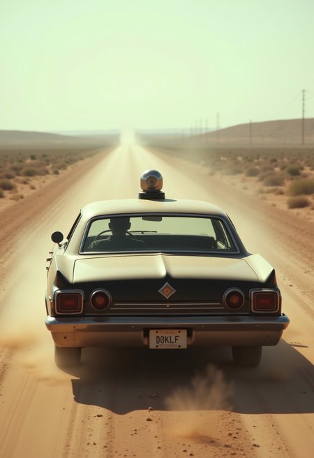 aidmaimageupgrader, a high quality digital image of the back of an intricate 1970s American black police car travelling away from the camera on a long straight rural road through the middle of a dustbowl, the police car is very dusty and has a single light dome on top, the image has muted colours and is very hazy from the dust, the text "KLF" is written in small letter on the license plate, we see the head of a man in the driver's seat