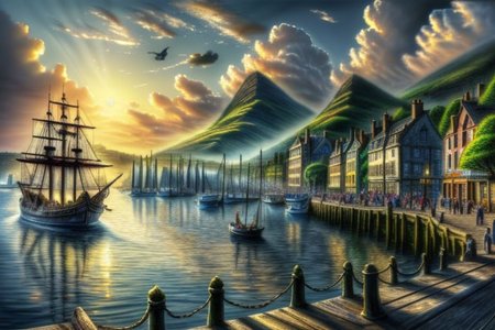 (masterpiece:1.2), (best quality,:1.2), 8k, HDR, ultra detailed, ((photorealistic)), perfect anatomy, pire, ship, pier, over looking a harbor, noon, CelticLandStyle