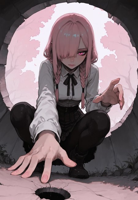 score_9, score_8_up, score_7_up, masterpiece, best quality, very aesthetic, 1girl, incoth, (incase:0.6), detailed face, (dynamic:1), r17329_illu, perspective, light pink hair, braids, long hair, hair over one eye, pink eyes, white shirt, oversized, friendly, serene, hopeful,  helping up, squatting, reaching out hand, pov, standing on edge, from below, hole, holding female hand, pulling inside, 