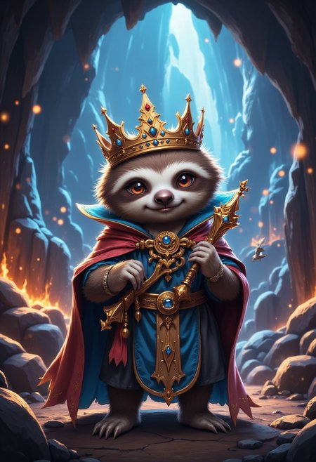 cute sloth king with crown, wearing a mystical magic robe, holding a magic stuff.
In background a mystic cave with magic lights, aidmaMJ6.1