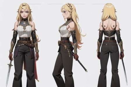 1woman, solo, armor, pauldrons, <lora:BarbarianT-18:0.8>, BarbarianT, muscular female, bare very muscular abs, ((masterpiece: 1.4, perfect face, best quality: 1.2)), saturated brown tones, ultra highly detailed, detailed eyes, delicate hair details, armor faulds, fantasy crop top, arm armor, armor greaves, short tippet, large breasts, sexy eyes, devilish grin, mixed blonde hair, very long spiky hair, many braids in long hair, intricate details, hazel eyes, eyeliner, eyelashes, crossed_bangs, warpaint, one bare muscular armor with viking design tattoo, wide striped puffy sleeves, multicolor sleeves, tribal design asymmetrical lion cloths, leather boots, wide striped baggy pants trousers, tassel belt accessories, barbarian woman, brown leather hip belt with pouch on right side of hip, sword on left side of hip belt, leather gloves with fur trim, nordic, fantasy aesthetic,(2d saturated colors), fine details, intense,(lineart:1.33), charactersheet, reference sheet, multiple views, white background