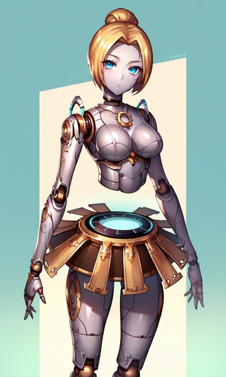 anime studio, anime artwork, anime artstyle, vibrant, score_9, score_8_up, score_7_up, source_anime, 1girl,  <lora:glavakolhoza_orianna:0.7>, glavakolhoza_orianna, mechanical, robot, clockwork on back, metallic round skirt with spikes, robot joints, blue eyes, chrome shine, curvy, standing, relaxed, pose, looking at viewer, simple background
