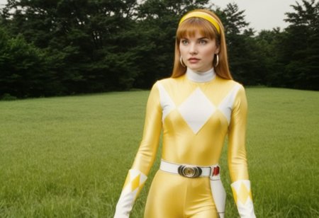 female yellow power ranger Ellie, 1girl, alone, 18-year-old caucasian woman, yellow headband, yellow hairband, centre-parting voluminous straight shoulder-length with bangs haircut, fair-skinned, fringe, auburn hair, blue eyes, helmetless, wearing yellow power ranger costume, yellow spandex catsuit, white collar, white gloves, large chunky steel hoop earrings, talking, concerned facial expression, standing square-on, both arms down by sides, torso photo, in action in grassy meadow, hyperdetailed photography