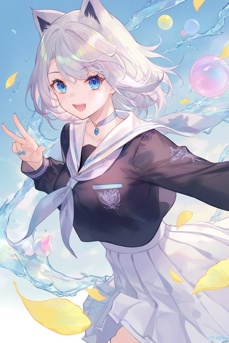 1girl,lulu,,
atdan,fuzichoco,
close-up,animal ears,grey hair,upper body,black shirt,blue eyes,short hair,choker,white skirt,pleated skirt,white sailor collar,neckerchief,
year_2023,foreshortening,highres,high definition,absurdres,amazing quality,best quality,masterpiece,very aesthetic,masterpiece,looking at viewer,cowboy_shot,(two-finger salute),<lora:lulu_noob-000012:0.8>