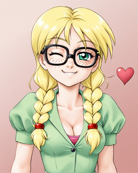 <lora:fuji_shinobu_style_ForPony:1> 1girl, wink, cleavage, freckles, blonde braids, glasses, tounge out, smile, clever girl, naughty, bratty, heart shape