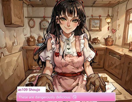 score_9, score_8_up, score_7_up, source_anime, anime screencap, baking valentines cookies, looking at viewer, blush, smile, gloves, holding, frills, food, indoors, apron, chocolate, cookie, oven mitts,  
pastel kitchen decor, warm lighting, fresh-out-of-the-oven aroma, festive decorations, soft oven mitts, red ribbon-tied gift boxes, steaming cup of cocoa, rustic wooden table, baking tools scattered neatly,  
candy hearts, powdered sugar dusting, heart-shaped sprinkles, handwritten recipe card, pink frosting bowl, silver piping tool, chocolate ganache bowl, mini cupcake stand, parchment-lined tray,  
festive baking mood, soft focus candlelight, cookies arranged in heart patterns, soft flour trails on table, delicate lace doilies under plates, neatly arranged napkins, pastel-colored measuring cups, as109 Shoujo, Long black hair, Dark eyes, Pale skin, Lace details, Doll-like appearance, Delicate features, Formal dress style, shoujo01,green eyes,long hair,black hair,