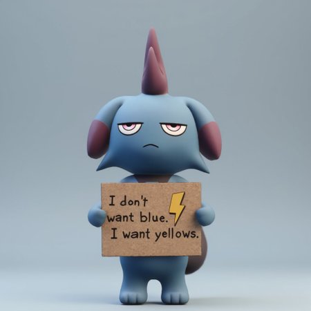 plain background, gray background, Depresso is standing, facing the viewer with an angry expression. Depresso is holding a sign made of cardboard with a bolt symbol and text saying "I don’t want blue. I want yellow."