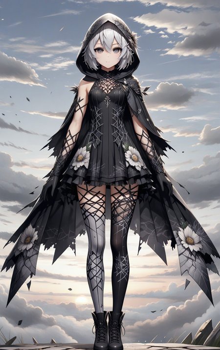 ShatteredCloth,1girl,solo,breasts,looking at viewer,short hair,bangs,hair ornament,gloves,dress,hair between eyes,closed mouth,standing,full body,flower,white hair,pantyhose,boots,outdoors,sky,black gloves,cloud,hood,black footwear,grey eyes,expressionless,cloudy sky,cloak,hood up,arms at sides,hooded cloak,black flower,shattered effect on pantyhose,
, <lora:add-detail-xl:0.8> <lora:ShatteredCloth:0.6>