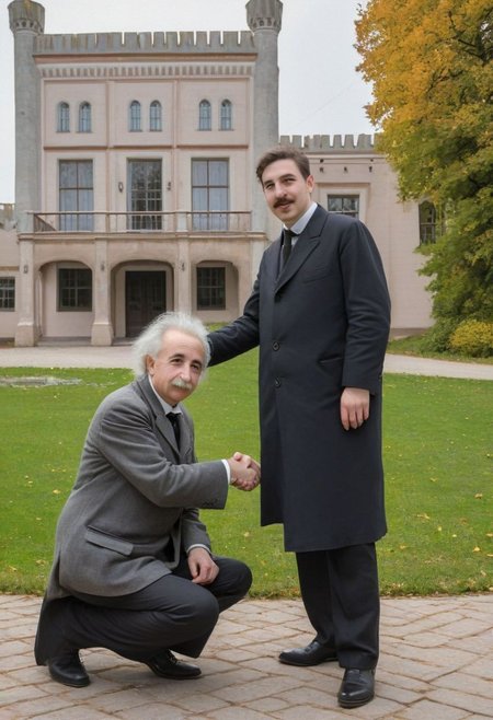 Albert Einstein shaking hand with Nicolas Tesla .picture taken in front of the beautiful manor castle 
An illustrated full-length portrait